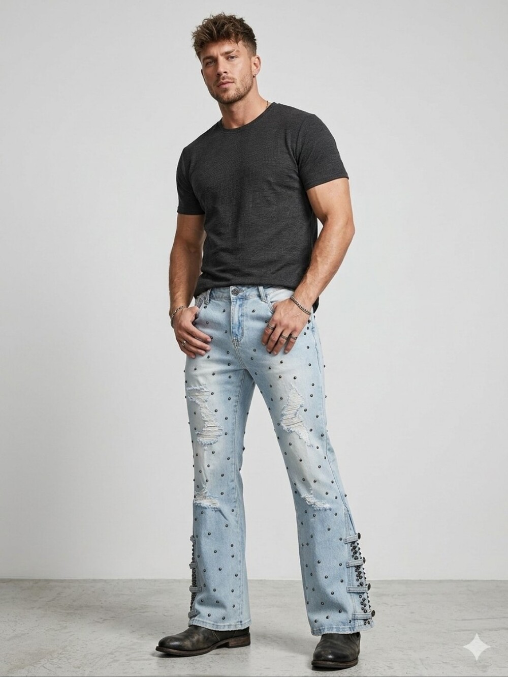 NEW GUNZINII Mens Distressed Studded Flare Jeans Light Wash Punk Rock Denim 40
